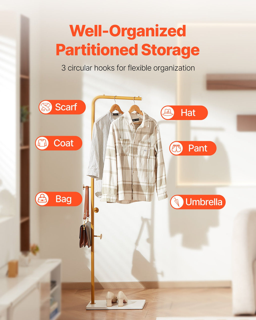 Coat Rack, Freestanding Coats Rack Stand with Quartz Stone Base & 3 Round Hooks, Free Standing Hall Coat Tree for Entryway, Bedroom, Living Room, Stylish Clothes Hanger Stand for Coats, Hat, Bag