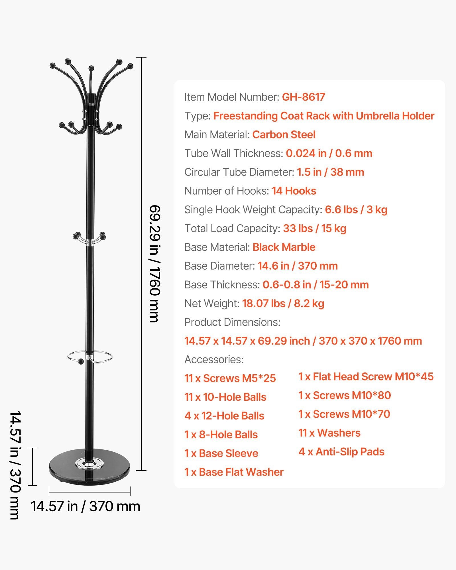 Freestanding Coat Rack, Metal Coats Rack Stand with Umbrella Holder, Stable Marble Base & 14 Hooks, Hall Coat Tree for Entryway, Bedroom, Living Room, Stylish Coats Hanger for Hats, Scarves, Bag