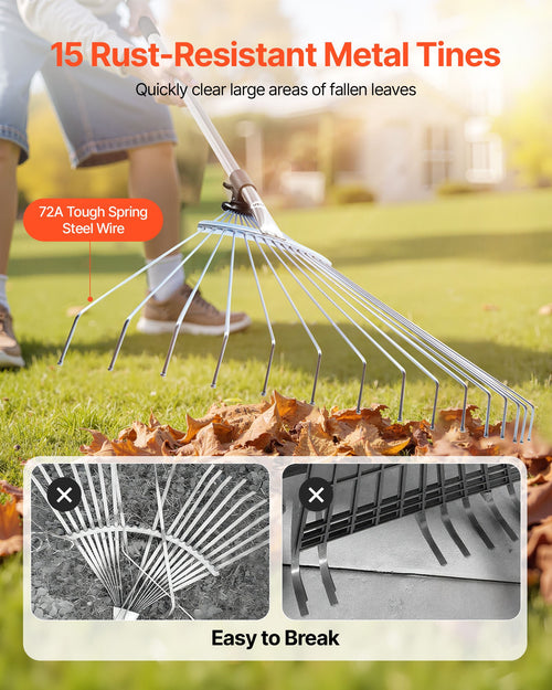 Adjustable Leaf Rake – 15 Tines, 19–57cm Head, 81.3–160cm Handle