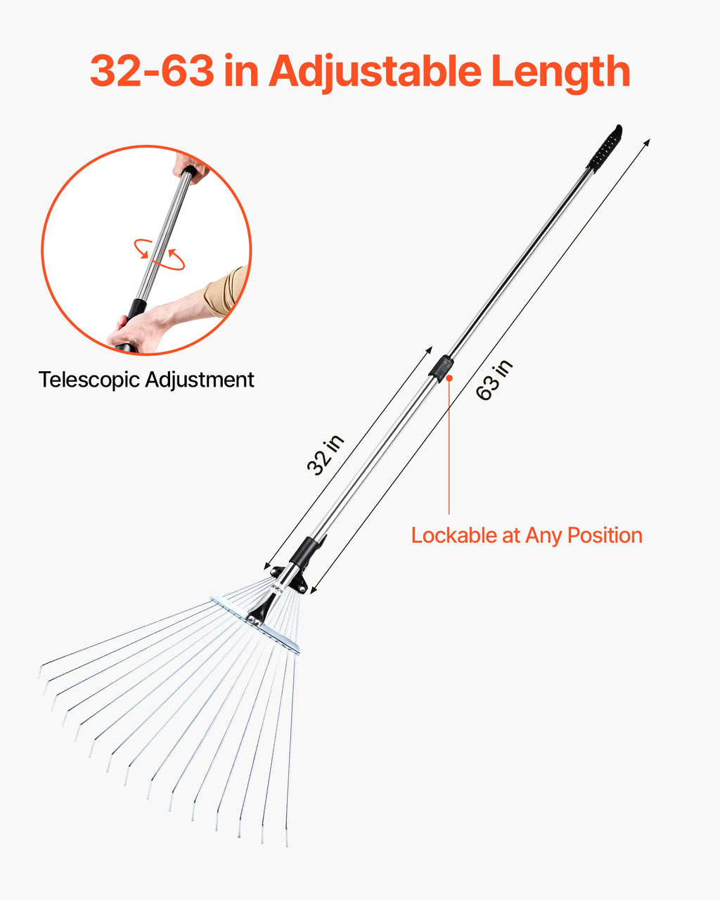Leaf Rake, 15 Metal Tines, Adjustable Garden Rake for Lawns with 19-57 cm Wide Head and 81.3-160 cm Long Handle, Heavy Duty Stainless Steel Small Leaves Tool for Gardening Camping Yard Grass