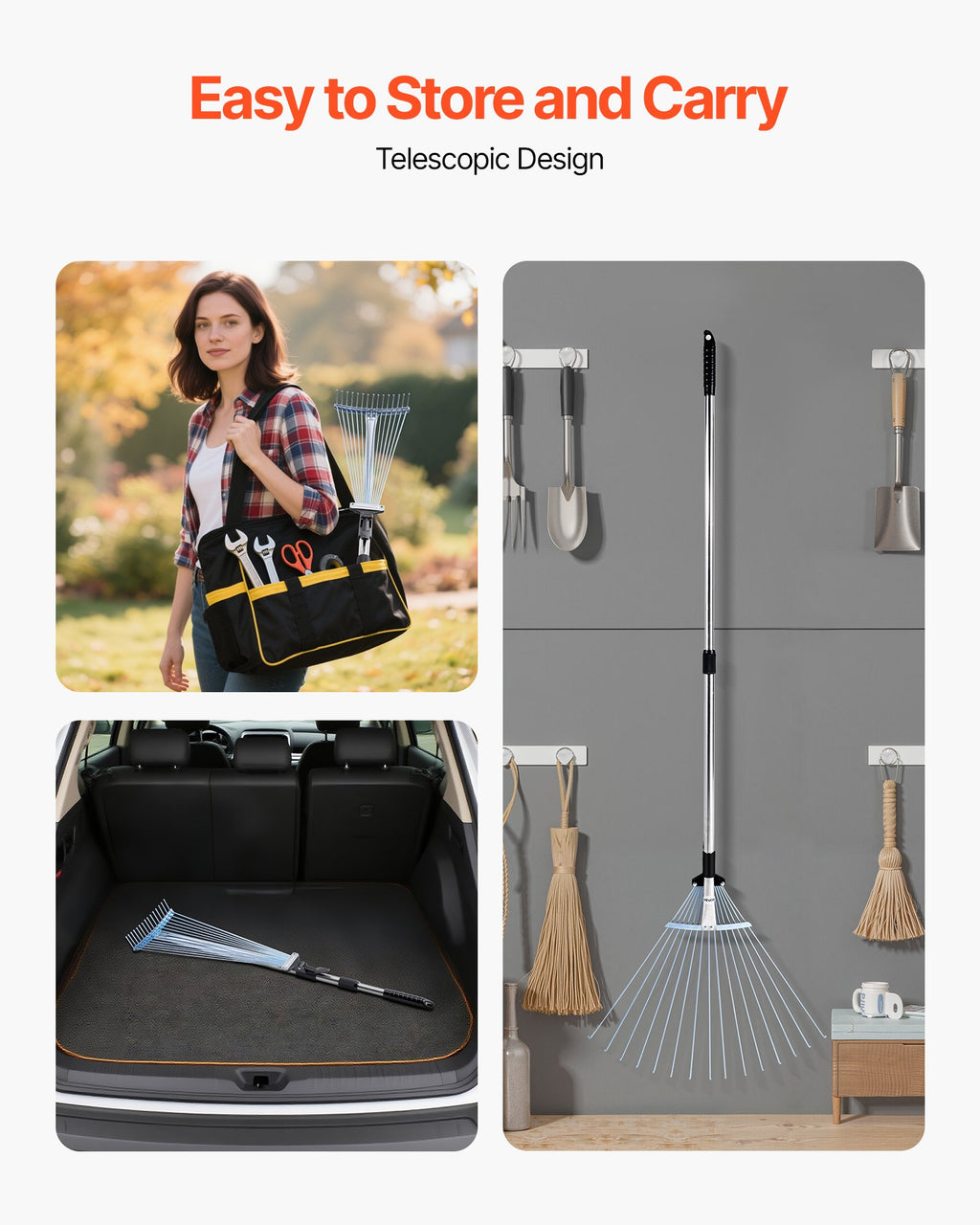 Leaf Rake, 15 Metal Tines, Adjustable Garden Rake for Lawns with 19-57 cm Wide Head and 81.3-160 cm Long Handle, Heavy Duty Stainless Steel Small Leaves Tool for Gardening Camping Yard Grass