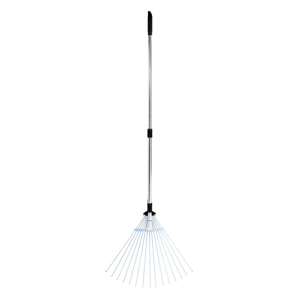 Leaf Rake, 15 Metal Tines, Adjustable Garden Rake for Lawns with 19-57 cm Wide Head and 81.3-160 cm Long Handle, Heavy Duty Stainless Steel Small Leaves Tool for Gardening Camping Yard Grass