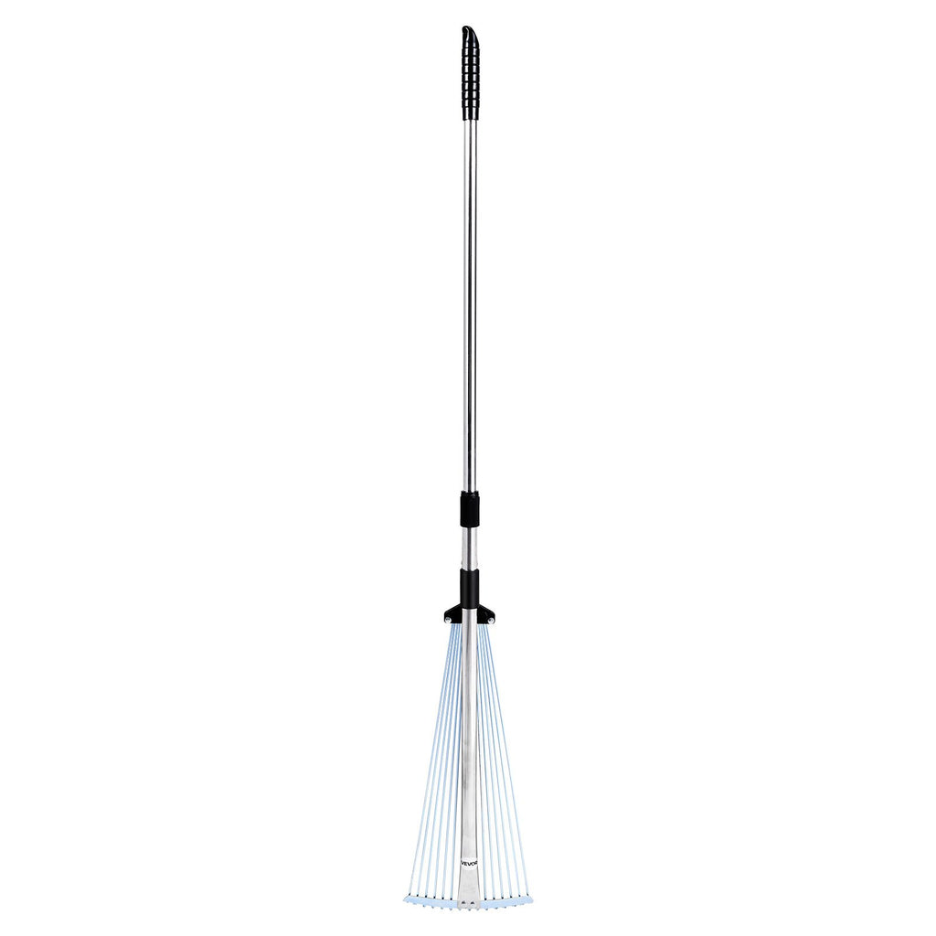 Leaf Rake, 15 Metal Tines, Adjustable Garden Rake for Lawns with 19-57 cm Wide Head and 81.3-160 cm Long Handle, Heavy Duty Stainless Steel Small Leaves Tool for Gardening Camping Yard Grass