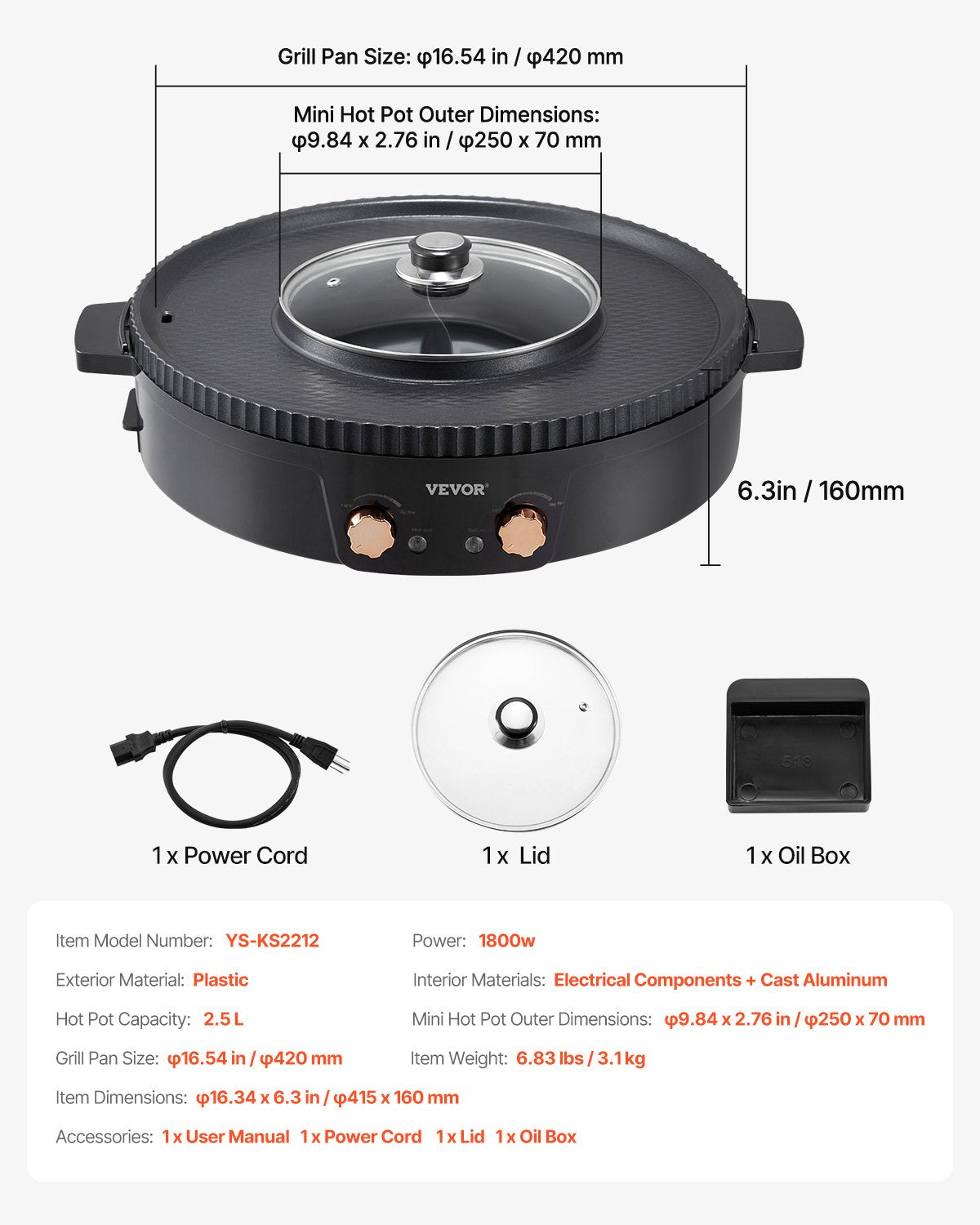 Hot Pot with Grill 1800W 2-in-1 Electric Smokeless Grill and Hot Pot