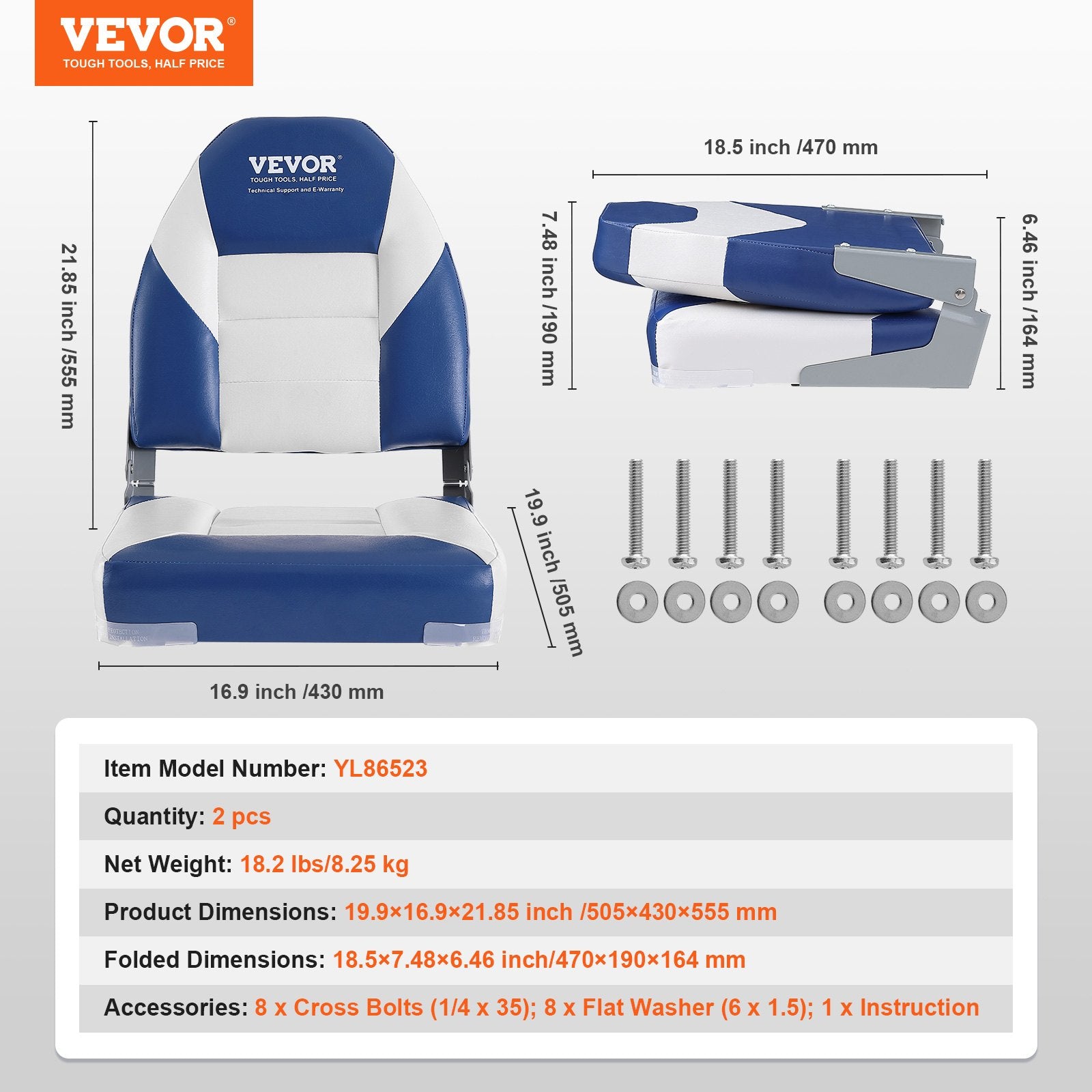 Boat Seats, 555 mm High Back Boat Seat, Folding Boat Chair with Thickened Sponge Padding and Hinge, Fold-Down Boat Captain Chairs for Fishing Boat, Sightseeing Boat, Speedboat, Canoe, 2-Pack