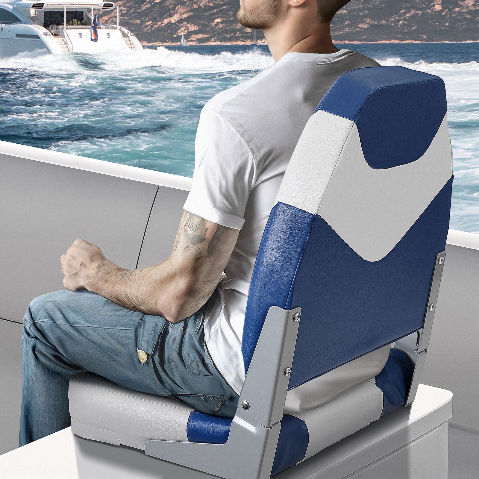 Boat Seats, 555 mm High Back Boat Seat, Folding Boat Chair with Thickened Sponge Padding and Hinge, Fold-Down Boat Captain Chairs for Fishing Boat, Sightseeing Boat, Speedboat, Canoe, 2-Pack