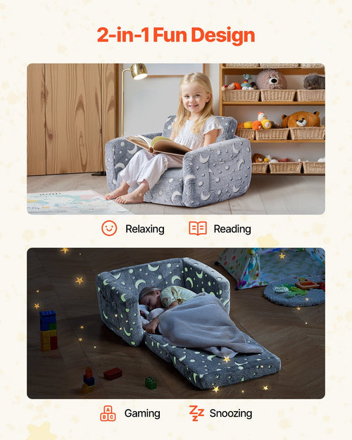 2-in-1 Kids Sofa, Foldable Toddler Soft Couch with Armrests, Glow in the Dark Kids Couch Fold Out with 28D Sponge & Flannel, Convertible Toddler Chair to Lounger for Reading and Gaming, M, Gray