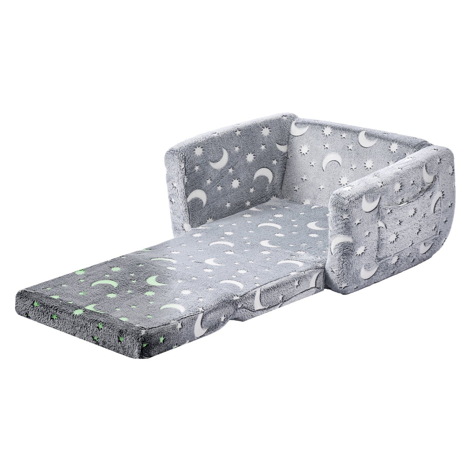 2-in-1 Kids Sofa, Foldable Toddler Soft Couch with Armrests, Glow in the Dark Kids Couch Fold Out with 28D Sponge & Flannel, Convertible Toddler Chair to Lounger for Reading and Gaming, M, Gray