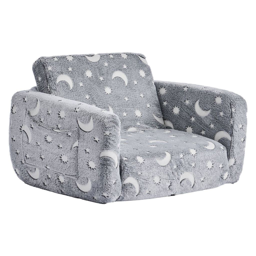2-in-1 Kids Sofa, Foldable Toddler Soft Couch with Armrests, Glow in the Dark Kids Couch Fold Out with 28D Sponge & Flannel, Convertible Toddler Chair to Lounger for Reading and Gaming, M, Gray