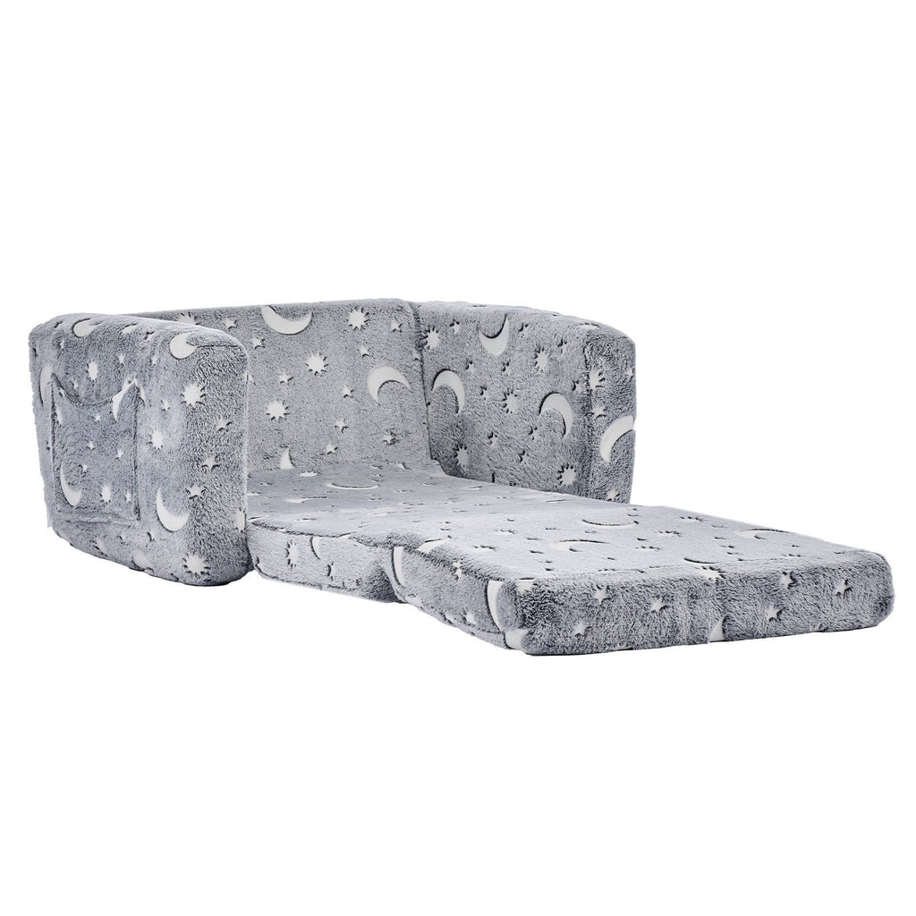 2-in-1 Kids Sofa, Foldable Toddler Soft Couch with Armrests, Glow in the Dark Kids Couch Fold Out with 28D Sponge & Flannel, Convertible Toddler Chair to Lounger for Reading and Gaming, M, Gray
