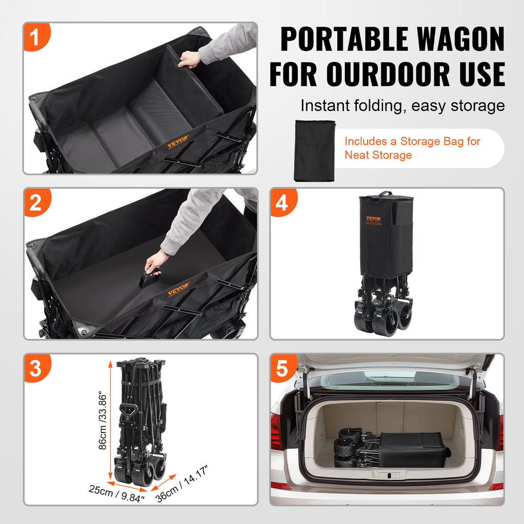 Foldable Double Decker Wagon, 400L Collapsible Wagon Cart with All-Terrain Wheels, Heavy Duty Folding Wagon Cart 350-450 lb Weight Capacity for Camping, Shopping, Garden, 52" Extra Long Extender