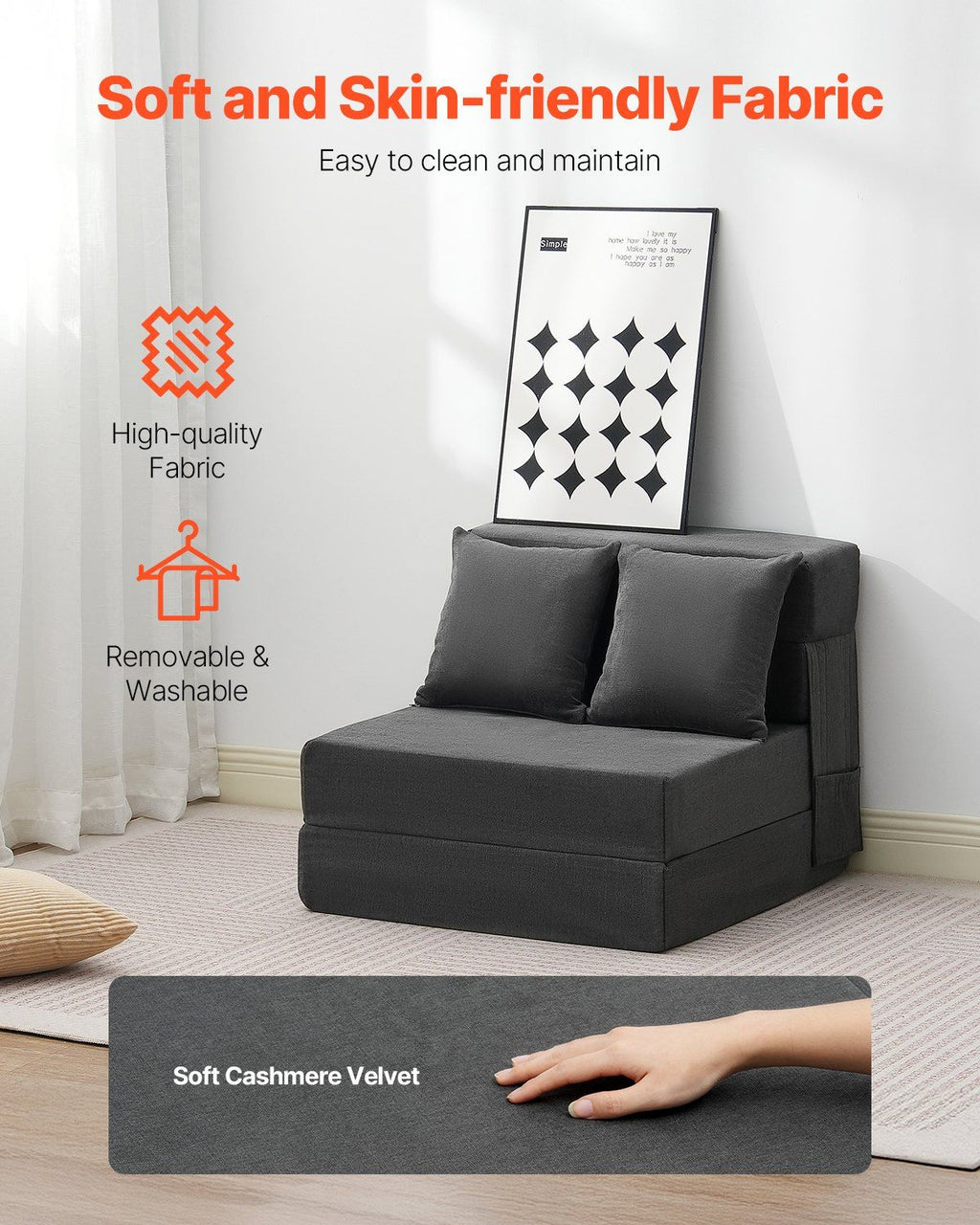 Folding Sofa Bed, 3-in-1 Foldable Couch Bed with 2 Pillows and Washable Cover, 25D High Density Memory Foam Convertible Sleeper Chair Bed, Futon Couch for Living Room, Bedroom, Dark Grey(Single)
