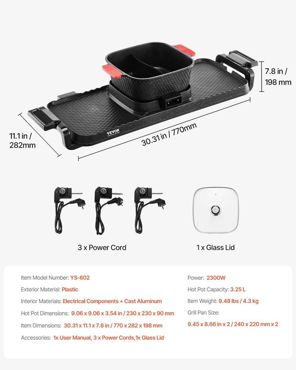Hot Pot with Grill 2300W 2-in-1 Electric Smokeless BBQ with Removable Pot