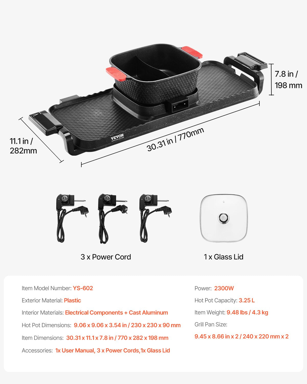 Hot Pot with Grill 2300W 2-in-1 Electric Smokeless BBQ with Removable Pot