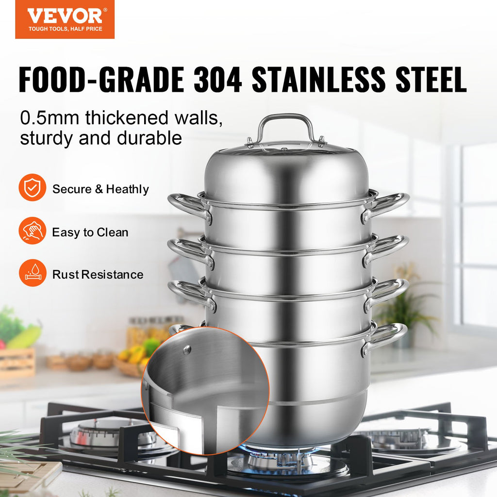 Dumpling Steamer Stainless Steel 5 Titer for for Cook Soup, Noodles, Fishes Work with Gas Electric Grill Stove Top, Dia 30cm/11.8inch, Pot