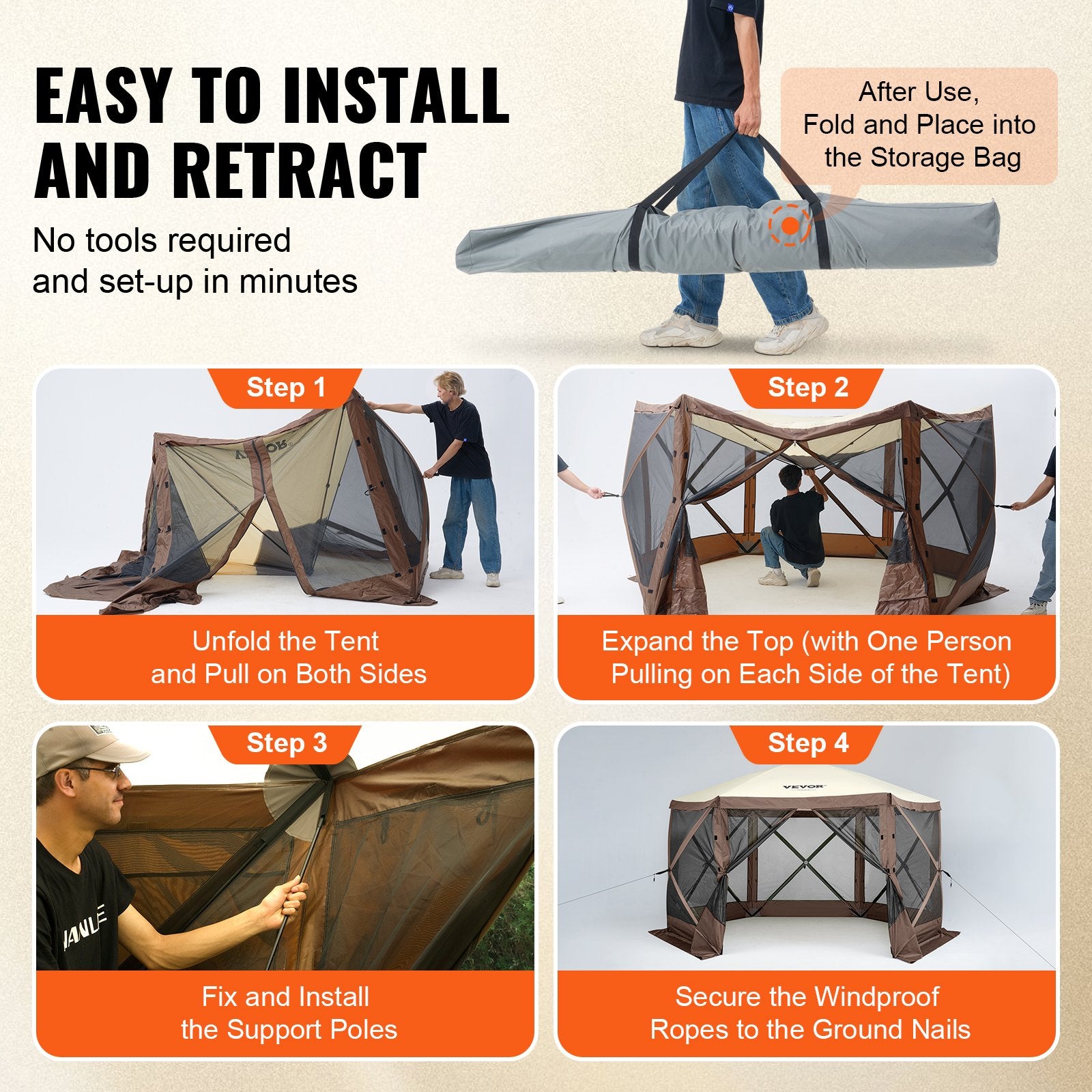Pop Up Gazebo Tent, Pop-Up Screen Tent 6 Sided Canopy Sun Shelter with 6 Removable Privacy Wind Cloths & Mesh Windows, 11.5x11.5FT Quick Set Screen Tent with Mosquito Netting, Brown
