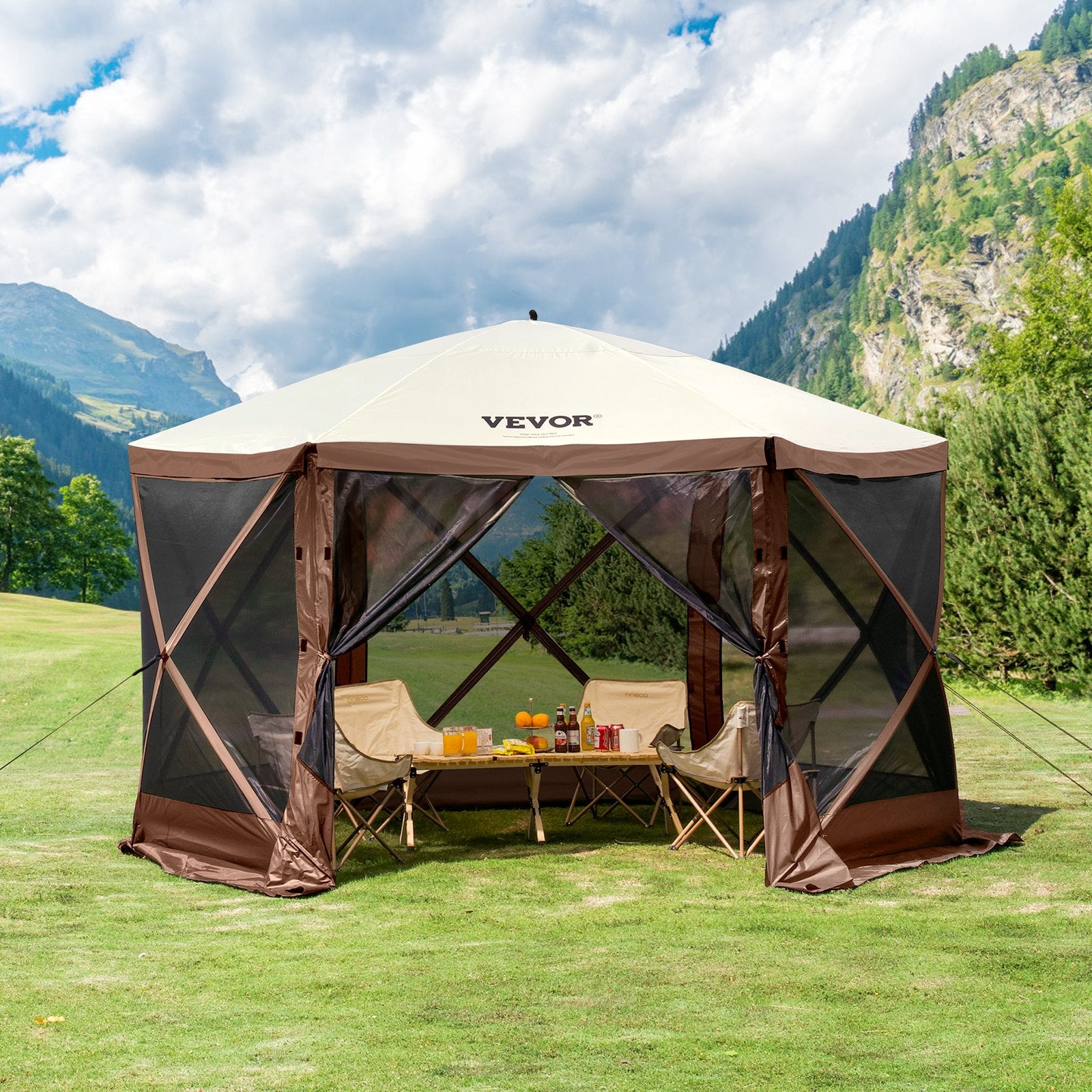Pop Up Gazebo Tent, Pop-Up Screen Tent 6 Sided Canopy Sun Shelter with 6 Removable Privacy Wind Cloths & Mesh Windows, 11.5x11.5FT Quick Set Screen Tent with Mosquito Netting, Brown