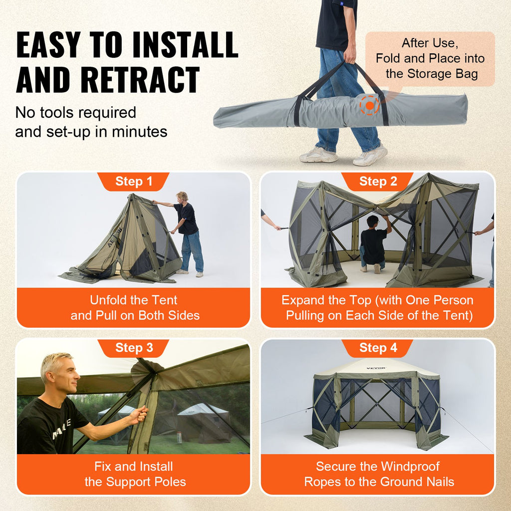 Pop Up Gazebo Tent, Pop-Up Screen Tent 6 Sided Canopy Sun Shelter with 6 Removable Privacy Wind Cloths & Mesh Windows, 12x12FT Quick Set Screen Tent with Mosquito Netting, Army Green
