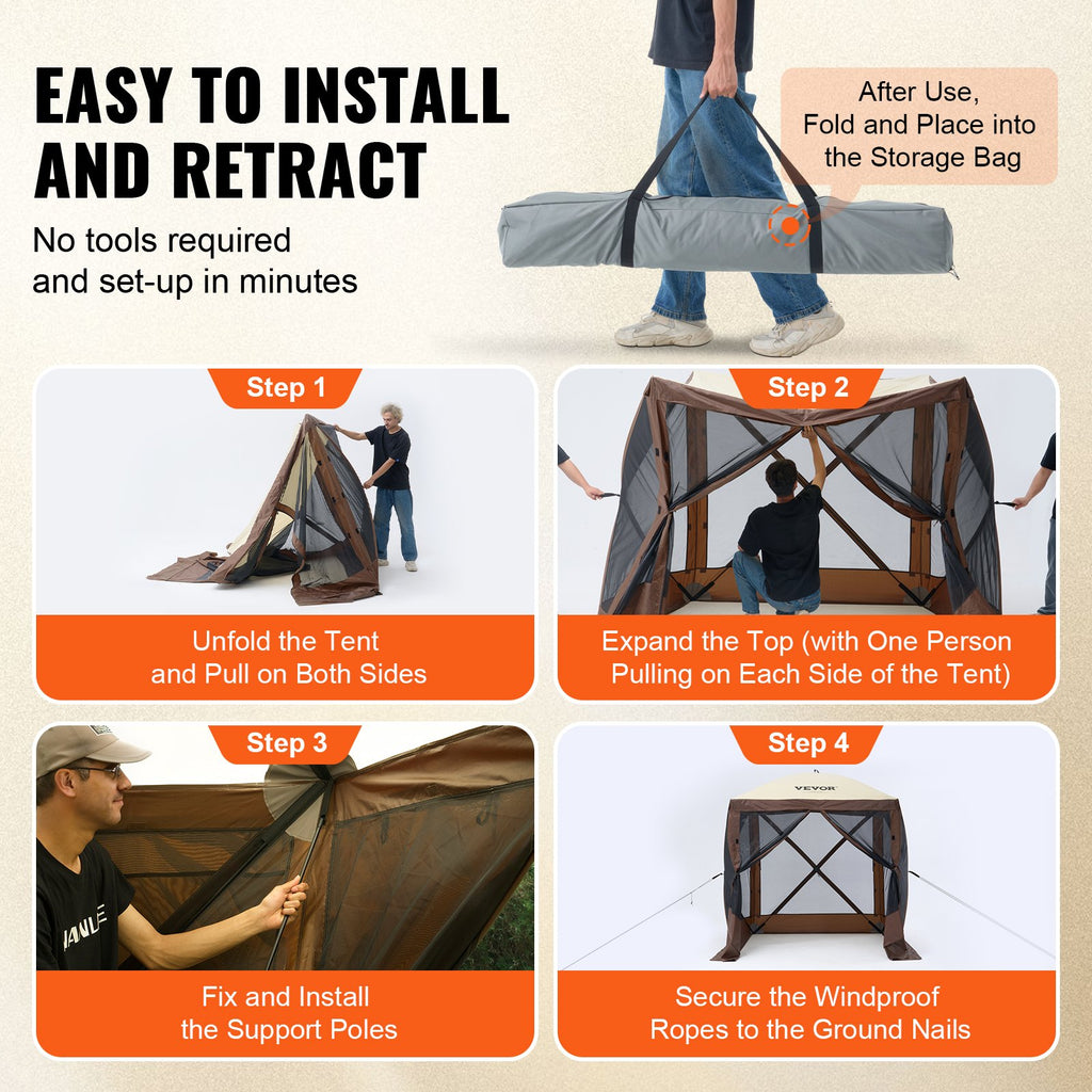 Pop Up Gazebo Tent, Pop-Up Screen Tent 4 Sided Canopy Sun Shelter with 4 Removable Privacy Wind Cloths & Mesh Windows, 6x6FT Quick Set Screen Tent with Mosquito Netting, Brown