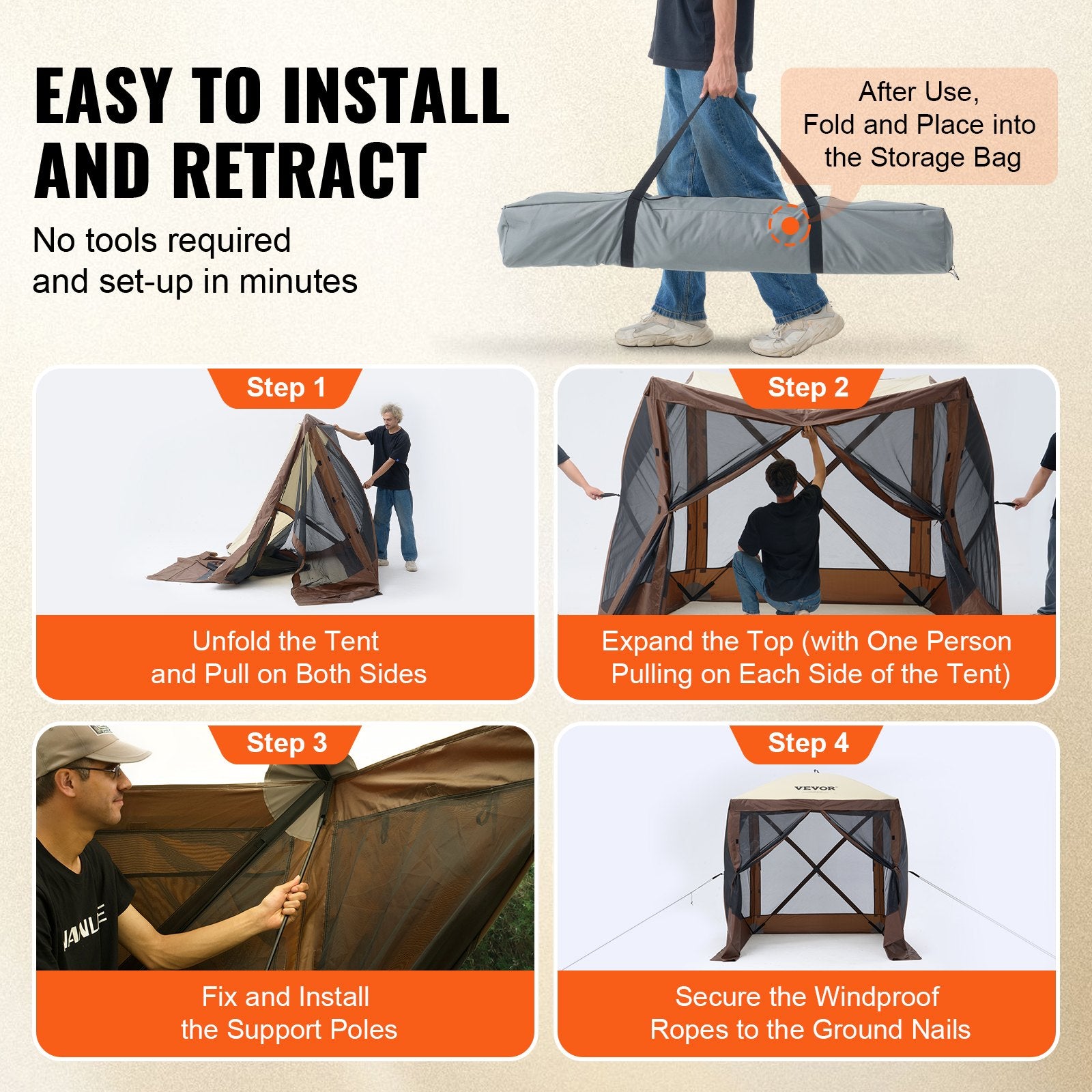 Pop Up Gazebo Tent, Pop-Up Screen Tent 4 Sided Canopy Sun Shelter with 4 Removable Privacy Wind Cloths & Mesh Windows, 6x6FT Quick Set Screen Tent with Mosquito Netting, Brown