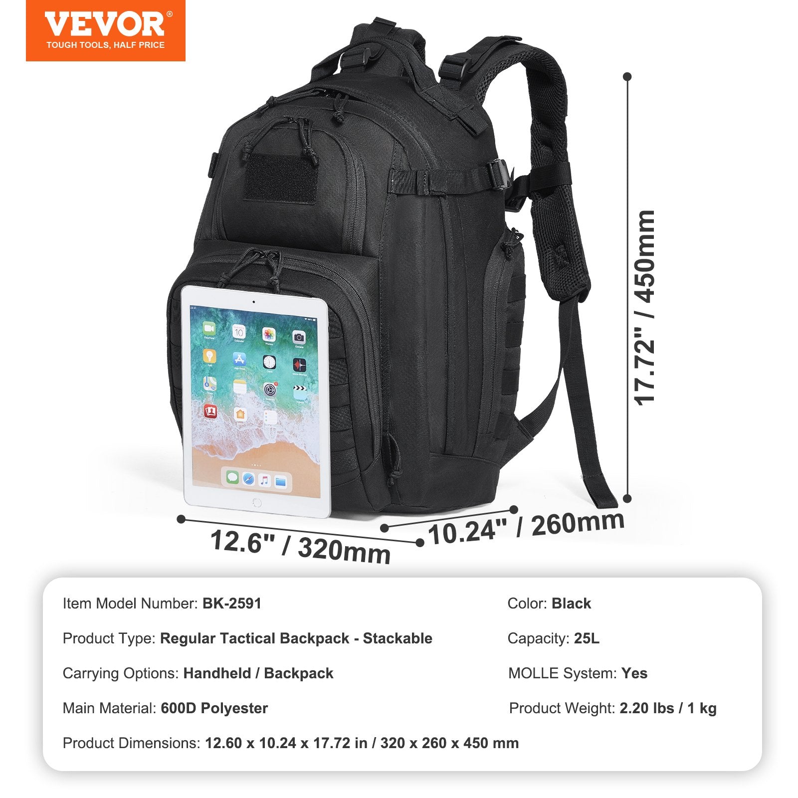 Tactical Backpack 25L Military Backpack with Molle Mode & Sponge Pad Black