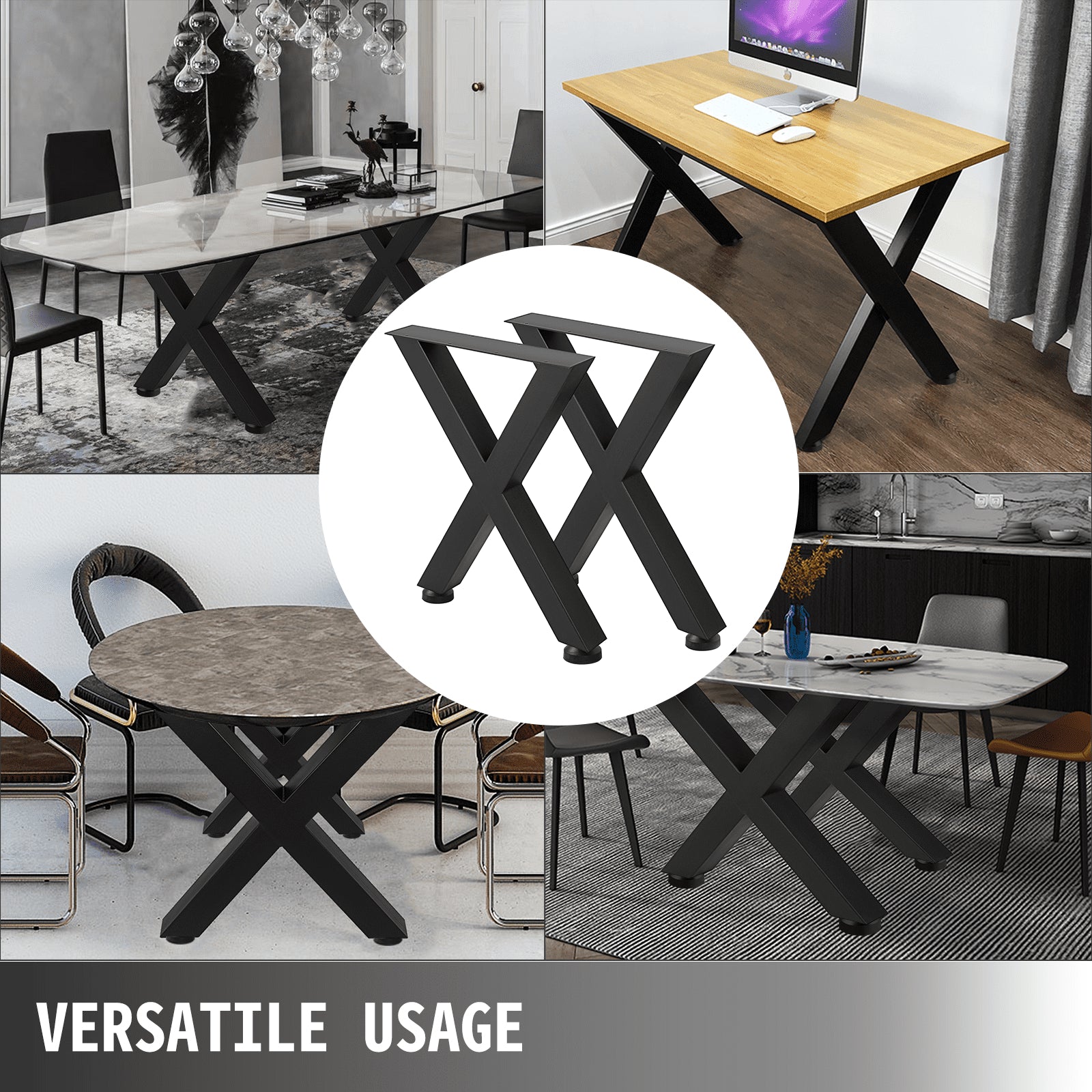 Set of 2 Steel Table Legs, 16'Height 15'Wide Dining Table Legs, Heavy Duty 3.1" Square Box Section X Frame Table Legs, 16x15x3.1 Inch Black Color Industrial Country Style Metal Dining Legs
