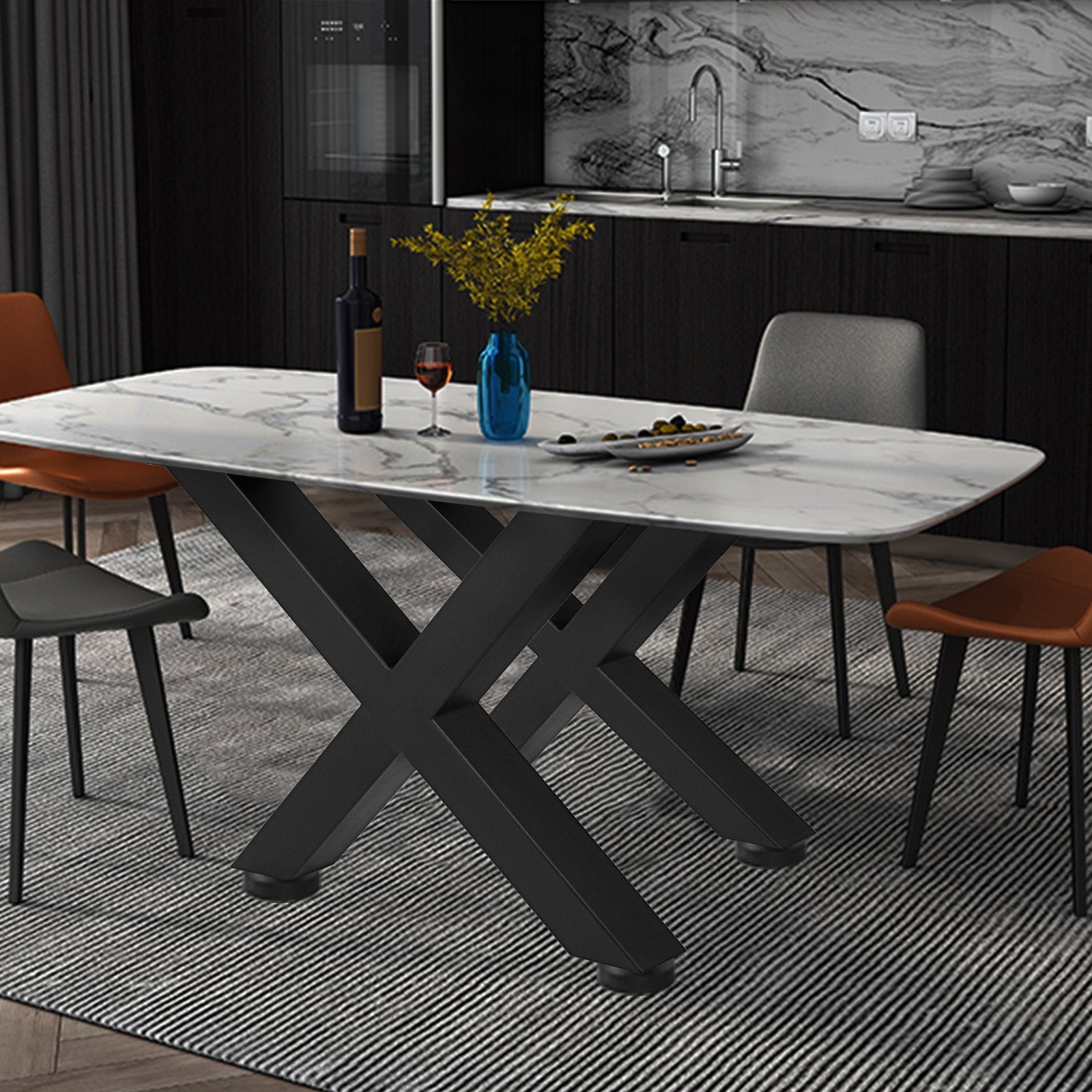 Set of 2 Steel Table Legs, 16'Height 15'Wide Dining Table Legs, Heavy Duty 3.1" Square Box Section X Frame Table Legs, 16x15x3.1 Inch Black Color Industrial Country Style Metal Dining Legs