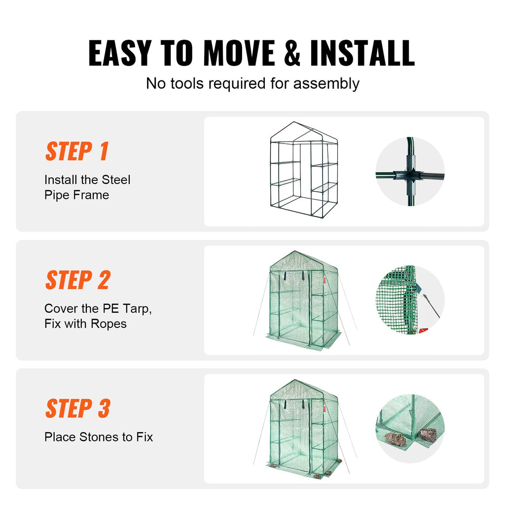Walk-in Green House, 4.6 x 2.4 x 6.7 ft Greenhouse with Shelves, Set Up in Minutes, High Strength PE Cover with Doors & Windows and Steel Frame, Suitable for Planting and Storage, Green