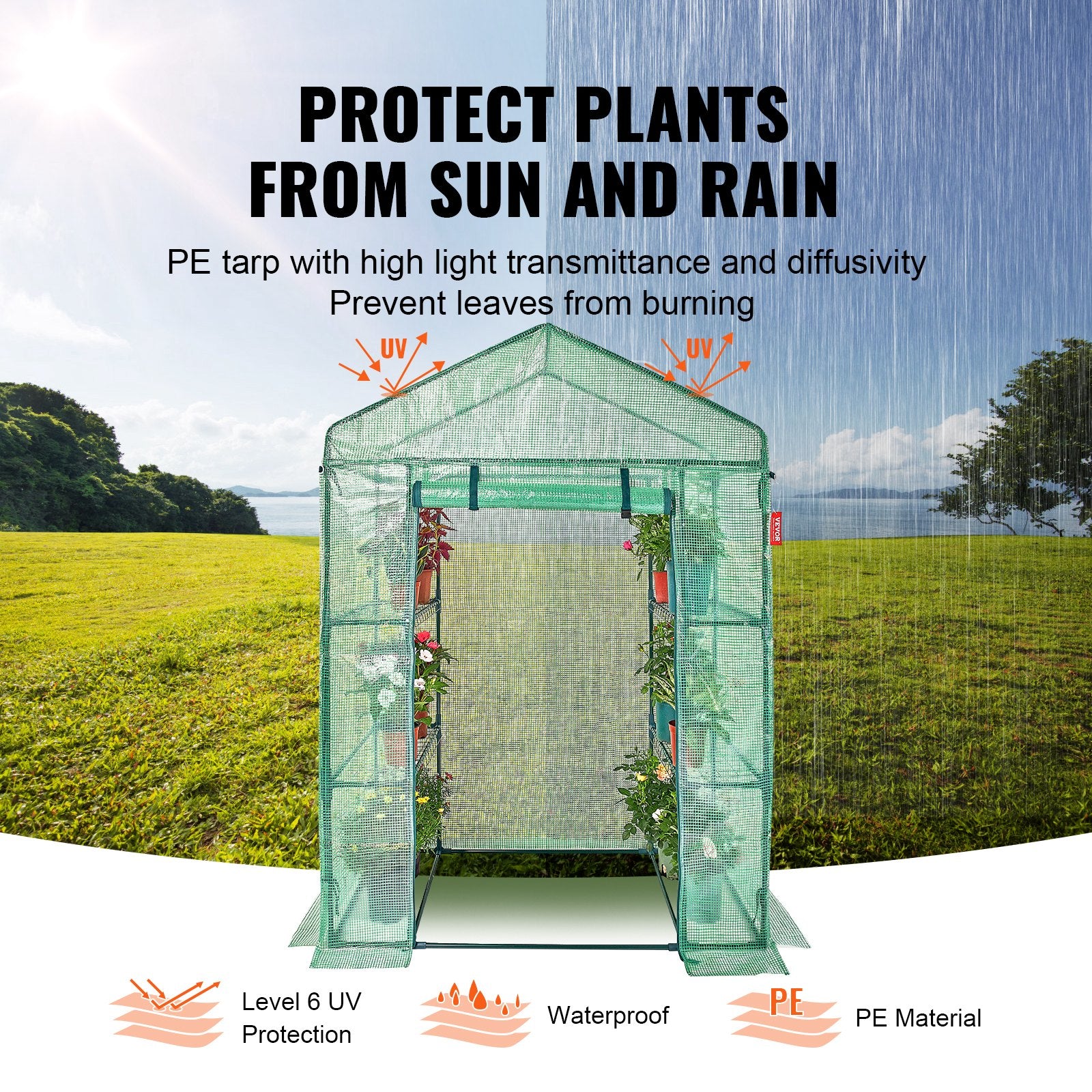 Walk-in Green House, 4.6 x 2.4 x 6.7 ft Greenhouse with Shelves, Set Up in Minutes, High Strength PE Cover with Doors & Windows and Steel Frame, Suitable for Planting and Storage, Green