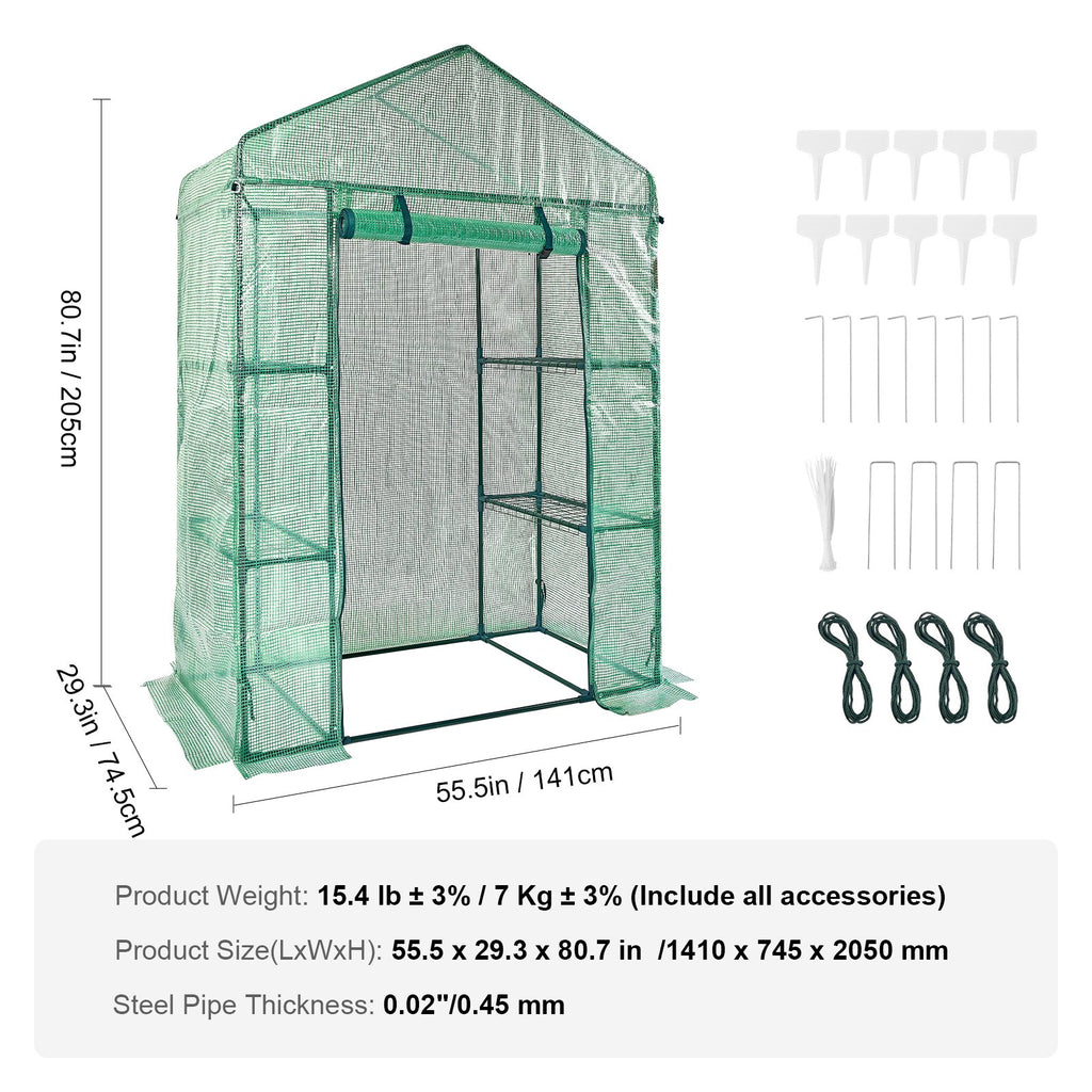 Walk-in Green House, 4.6 x 2.4 x 6.7 ft Greenhouse with Shelves, Set Up in Minutes, High Strength PE Cover with Doors & Windows and Steel Frame, Suitable for Planting and Storage, Green