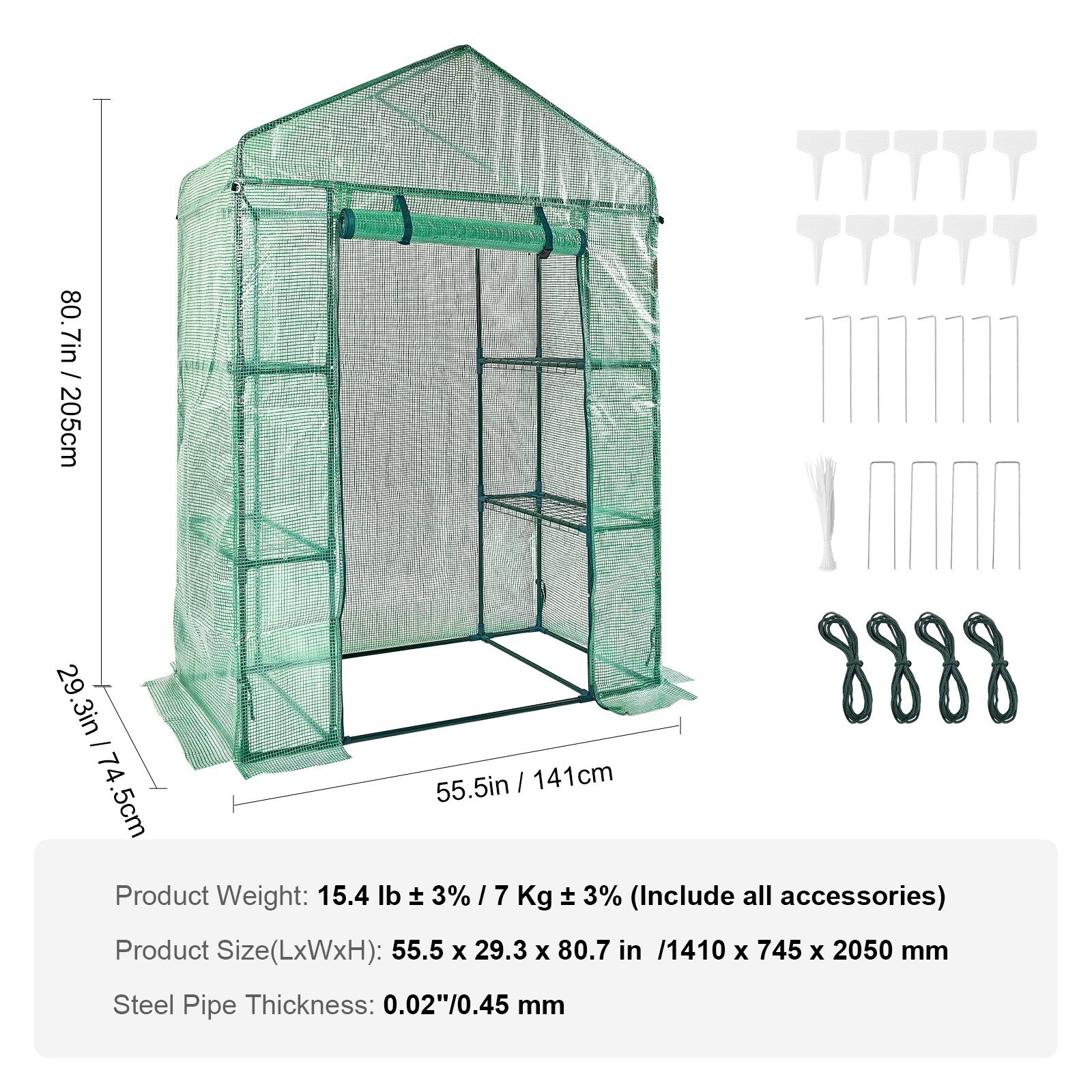 Walk-in Green House, 4.6 x 2.4 x 6.7 ft Greenhouse with Shelves, Set Up in Minutes, High Strength PE Cover with Doors & Windows and Steel Frame, Suitable for Planting and Storage, Green
