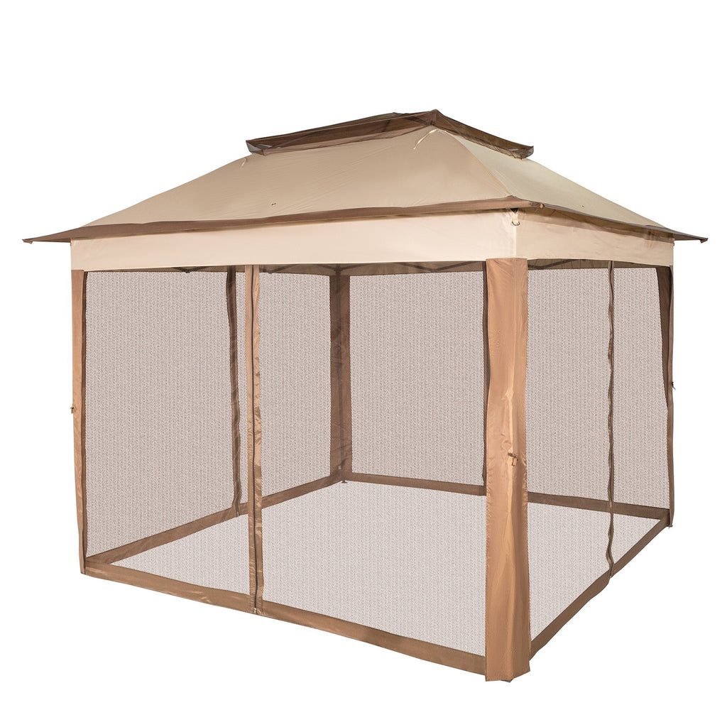 Outdoor Canopy Gazebo Tent, Portable Canopy Shelter with 11\'x11\' Large Shade Space for Party, Backyard, Patio Lawn and Garden, 4 Sandbags, Carrying Bag and Netting Included, Brown
