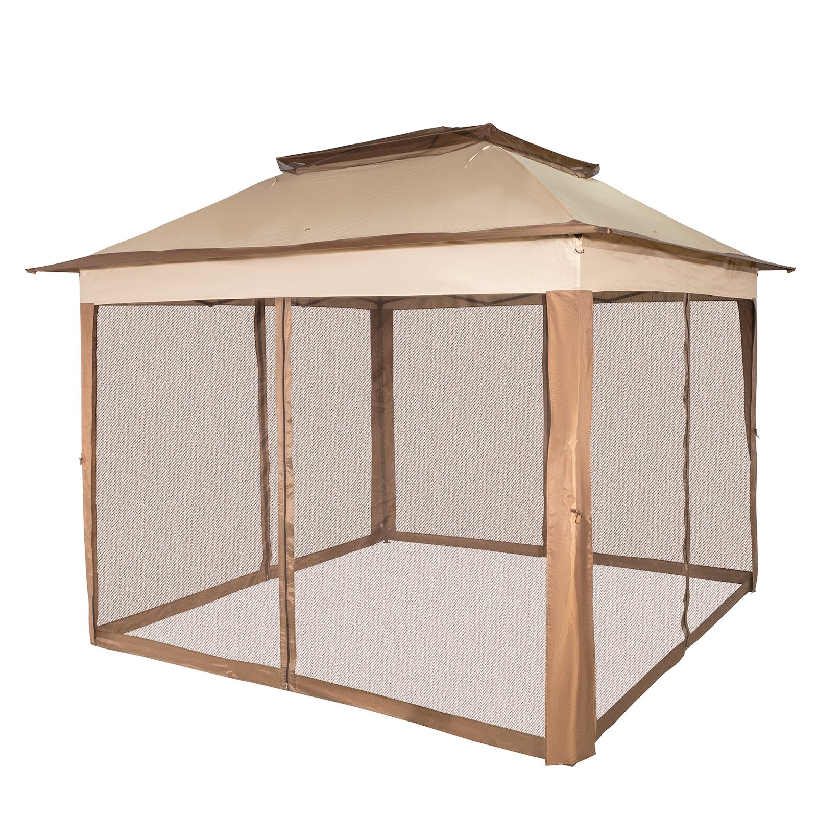 Outdoor Canopy Gazebo Tent, Portable Canopy Shelter with 11\'x11\' Large Shade Space for Party, Backyard, Patio Lawn and Garden, 4 Sandbags, Carrying Bag and Netting Included, Brown