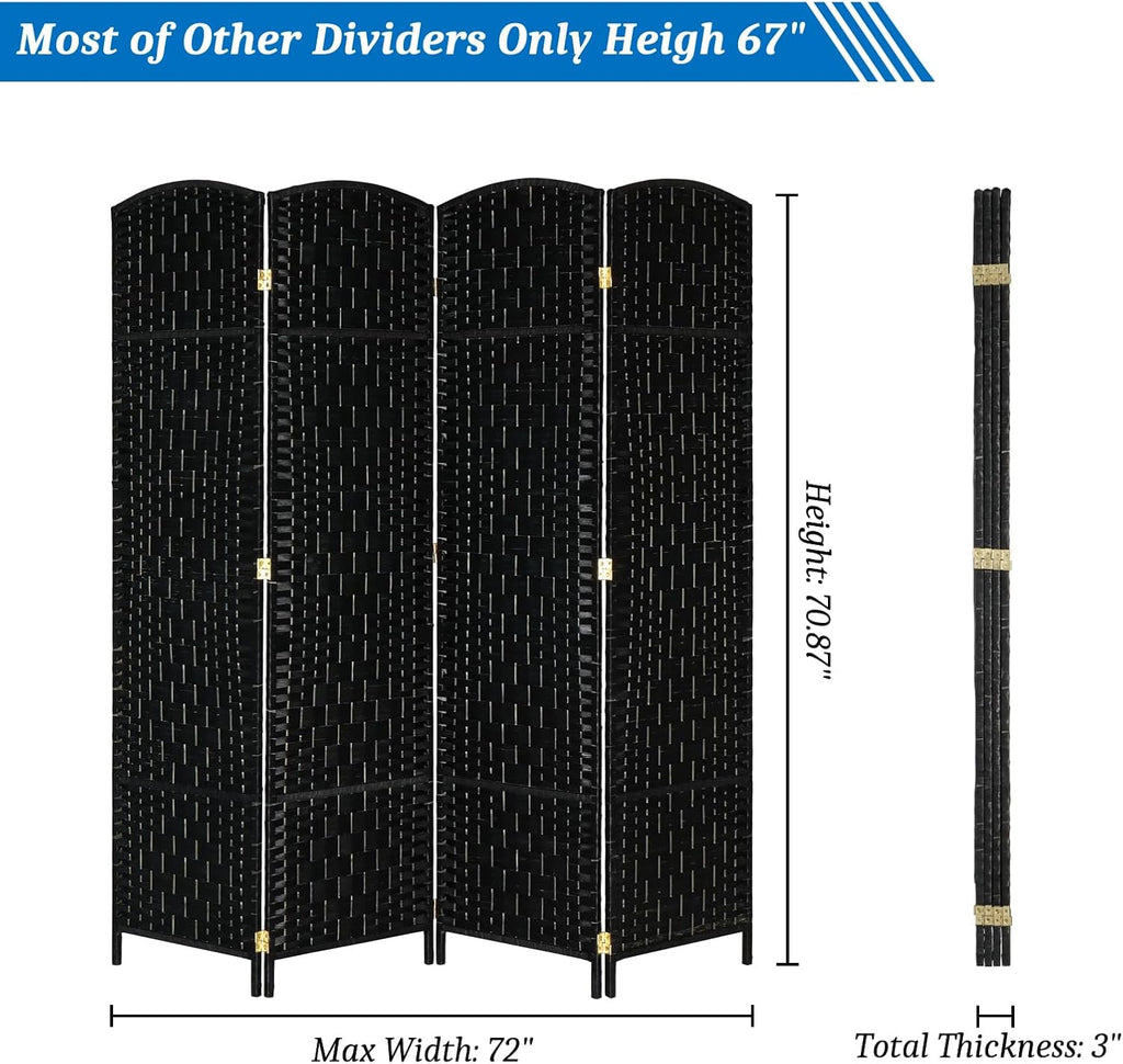 4-Panel Woven Room Divider – Black