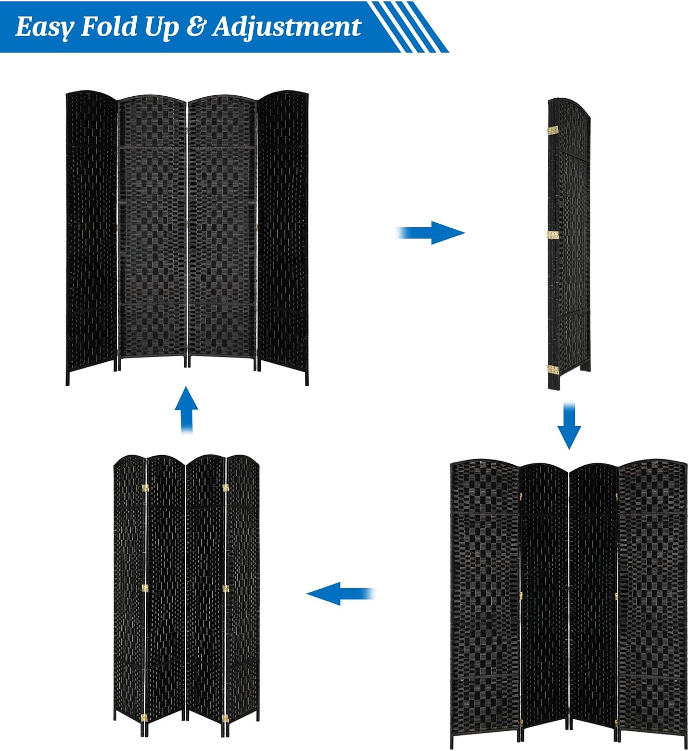 4-Panel Woven Room Divider – Black