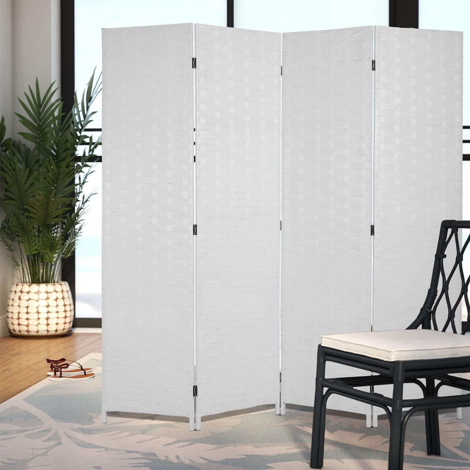 4-Panel Woven Room Divider – White