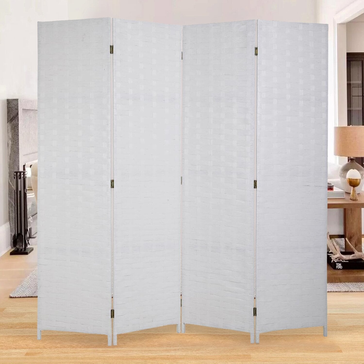 4-Panel Woven Room Divider – White