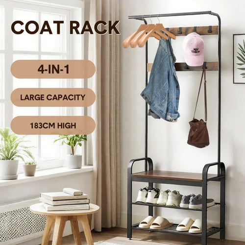 4-in-1 Hall Tree with Bench, Hanging Rail & Shoe Storage