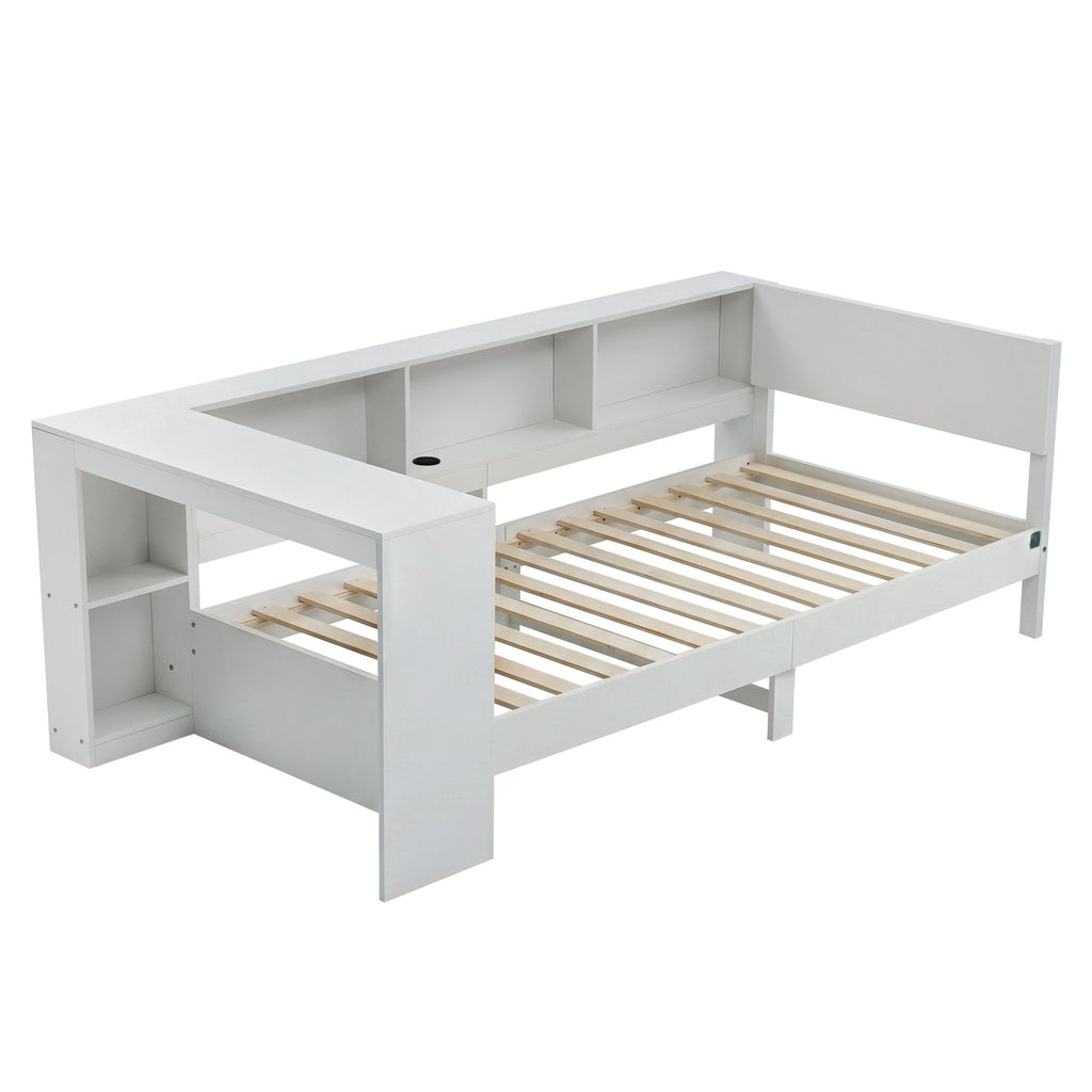 Artiss Single Corner Bed Frame with Desk, Shelves and Charging Ports – White
