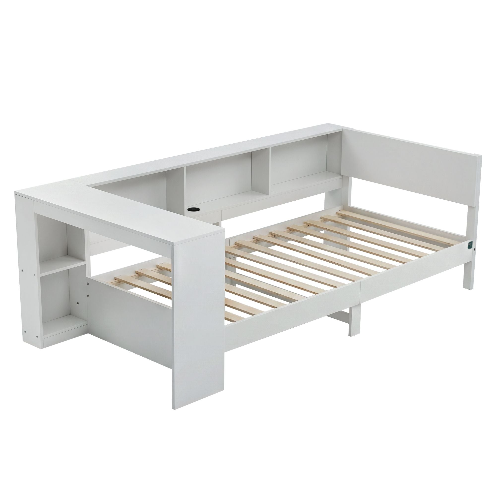 Artiss Single Corner Bed Frame with Desk, Shelves and Charging Ports – White