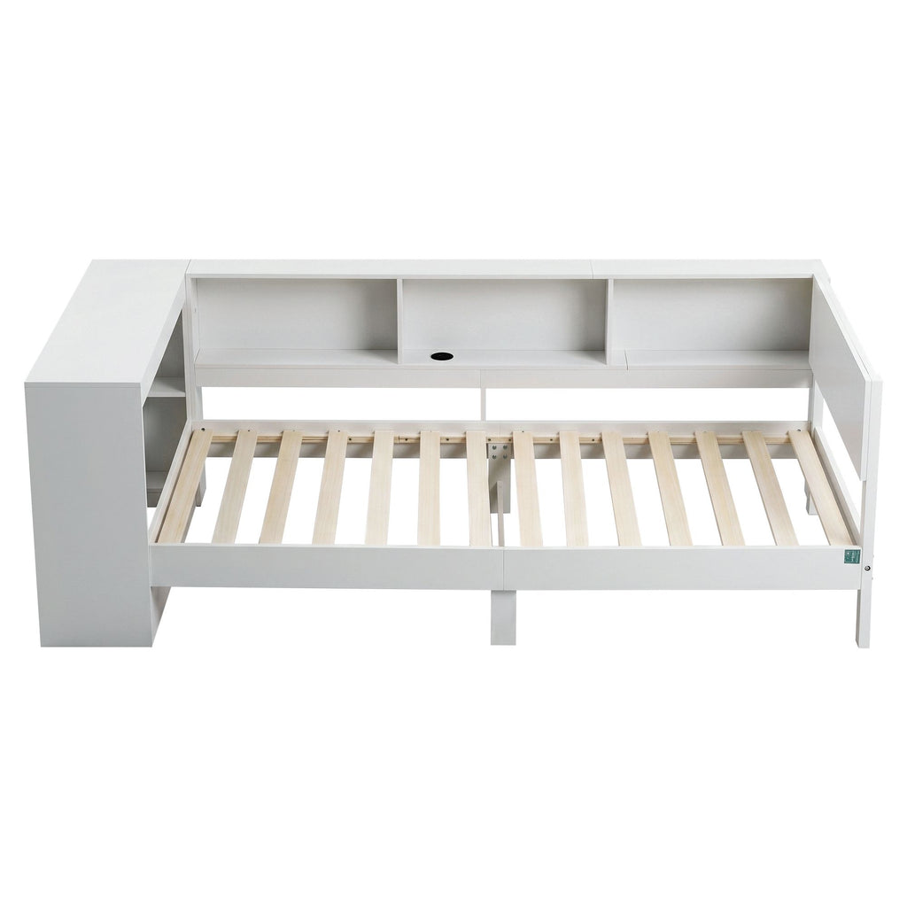 Artiss Single Corner Bed Frame with Desk, Shelves and Charging Ports – White