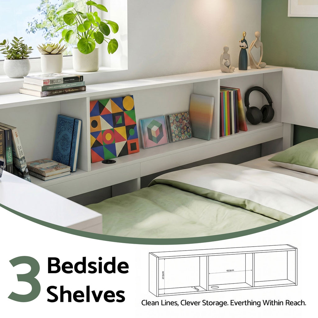 Artiss Single Corner Bed Frame with Desk, Shelves and Charging Ports – White