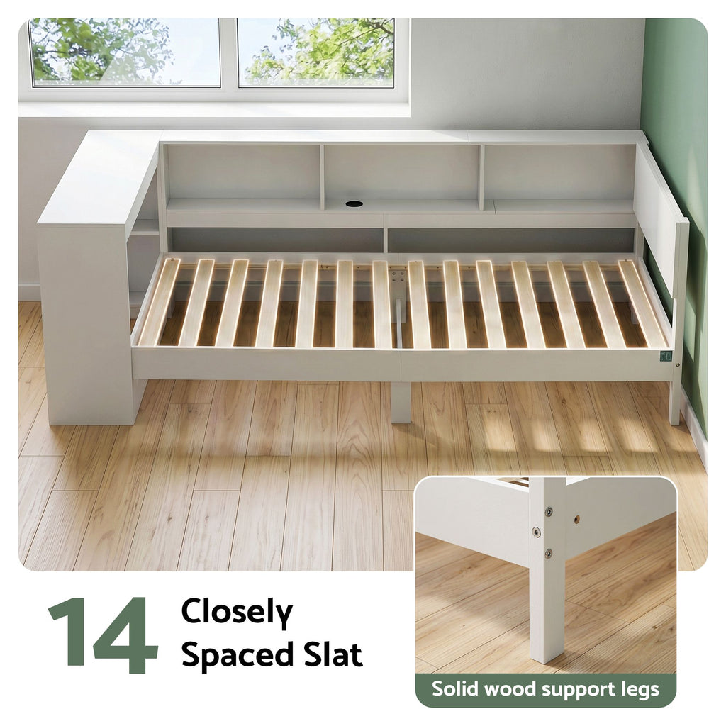 Artiss Single Corner Bed Frame with Desk, Shelves and Charging Ports – White