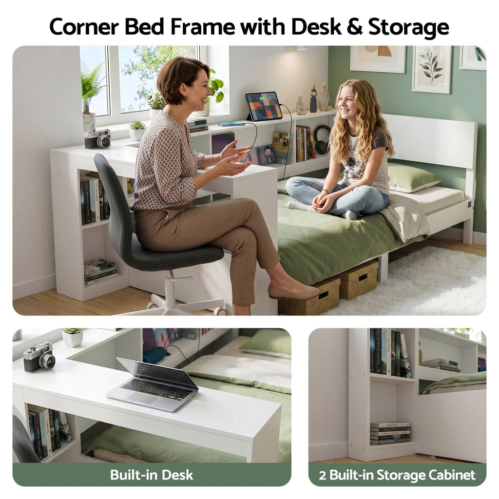 Artiss Single Corner Bed Frame with Desk, Shelves and Charging Ports – White