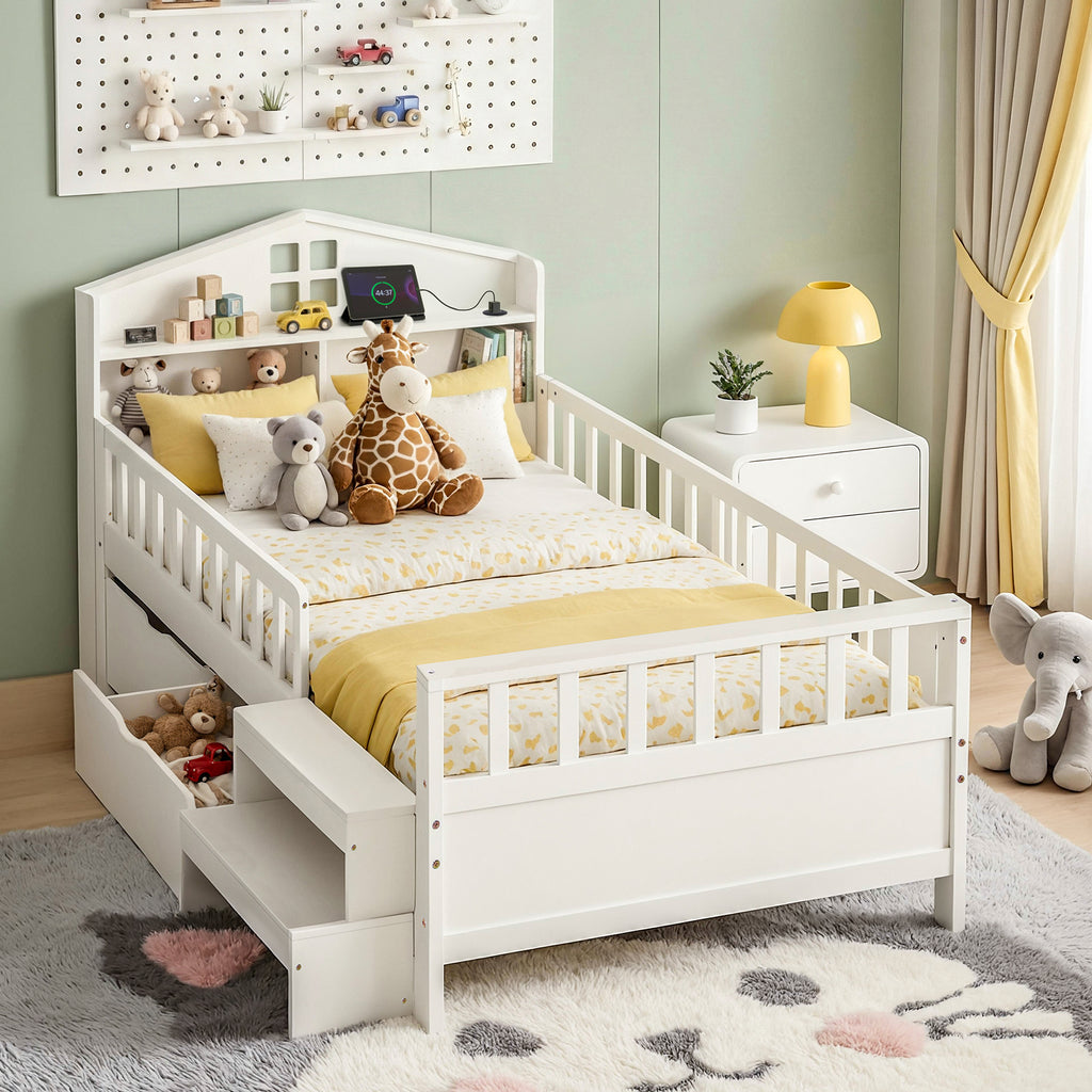 Artiss Single Bed Frame with 2 Storage Drawers, Montessori Bed with Headboard, 2 USB Ports & Led Light, Solid Wood Platform Bed Base with Safety Rail & Ladder, 31CM Under-Bed Storage, White