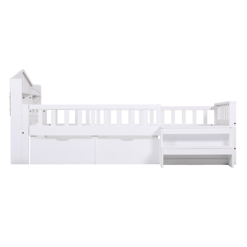 Artiss Single Bed Frame with 2 Storage Drawers, Montessori Bed with Headboard, 2 USB Ports & Led Light, Solid Wood Platform Bed Base with Safety Rail & Ladder, 31CM Under-Bed Storage, White