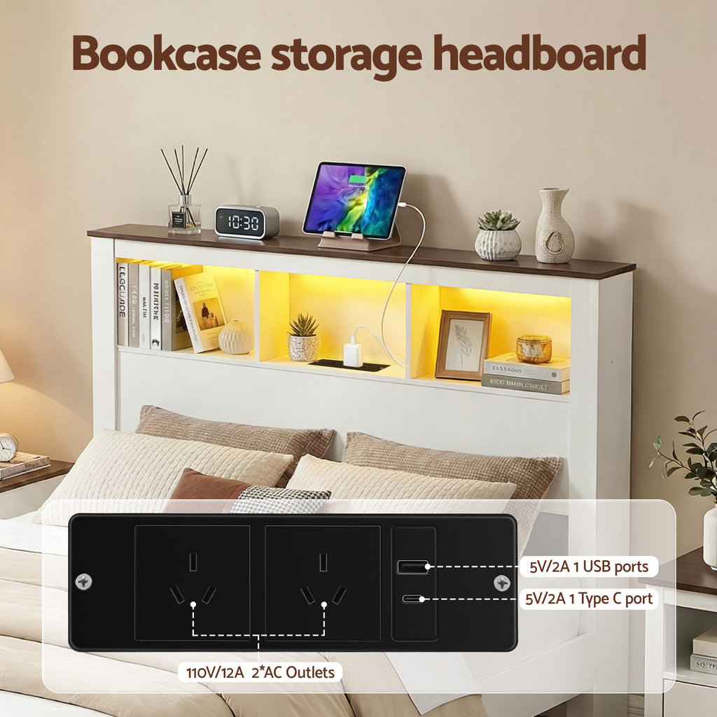 Artiss Queen Bed Frame with Storage Bookcase Headboard and Footboard White Wooden Platform Bed with Charging Station and Led Light Bedroom Furniture