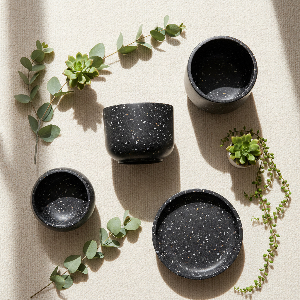 Rounded Terrazzo Planter Set of 5 – Matte Black